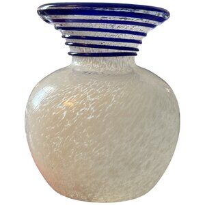 Art Glass Vase– Cobalt Blue Applied Swirl, White Textured Body, Flared Mouth